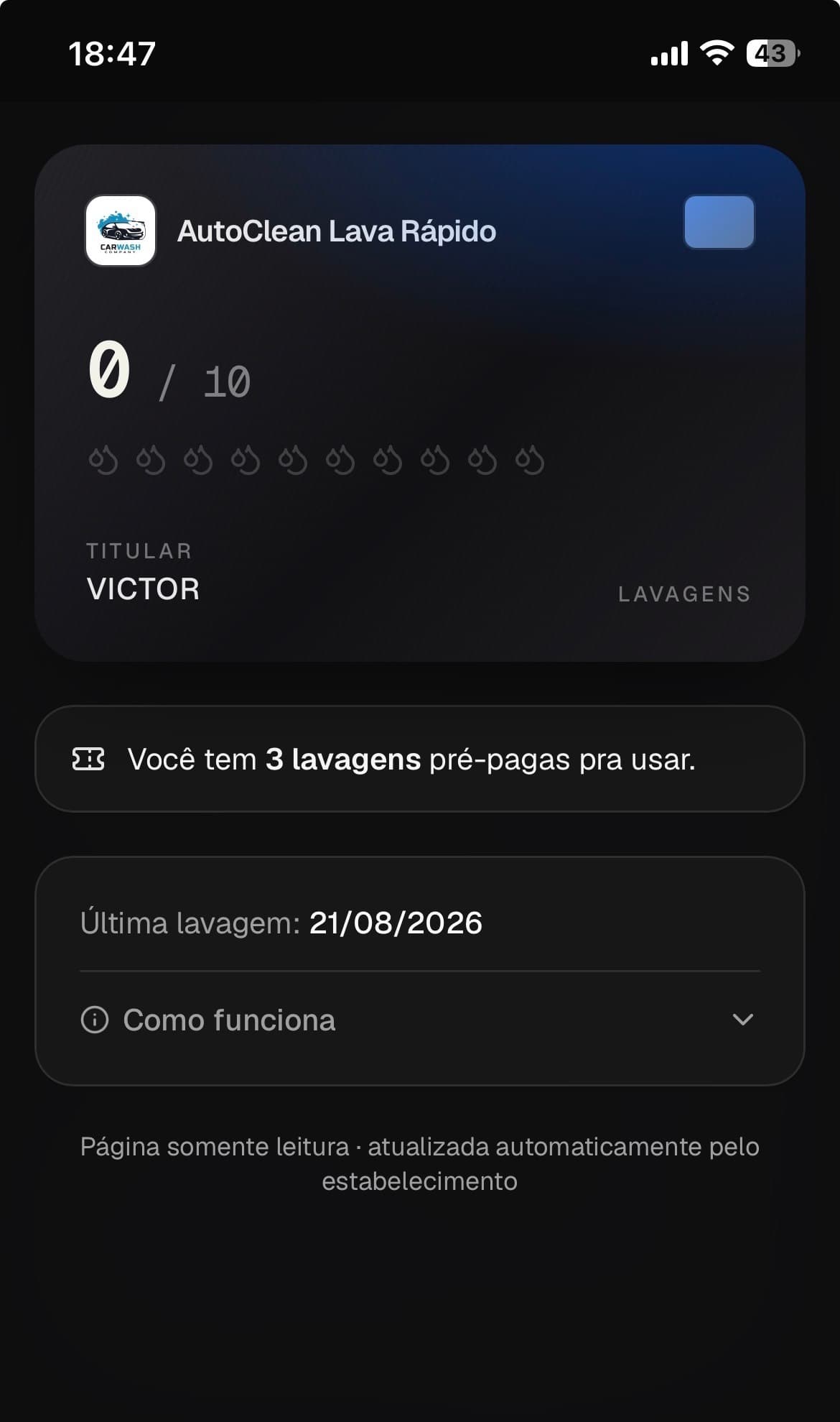 Cartão fidelidade digital de um cliente na tela do celular