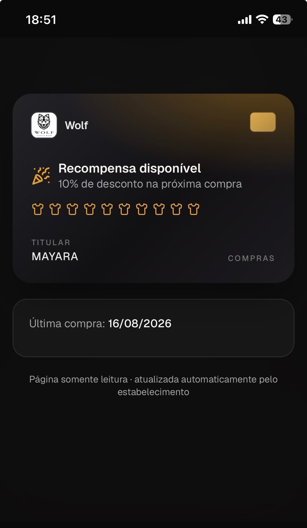 Cartão de cliente mostrando recompensa disponível para resgate